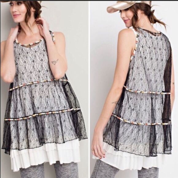 easel Tops - Easel Lace Multicolor Ribbon Babydoll Tank Top